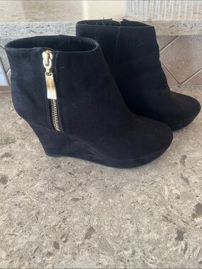 Christian Siriano Black Suede Wedge Ankle Boots with Gold Zip